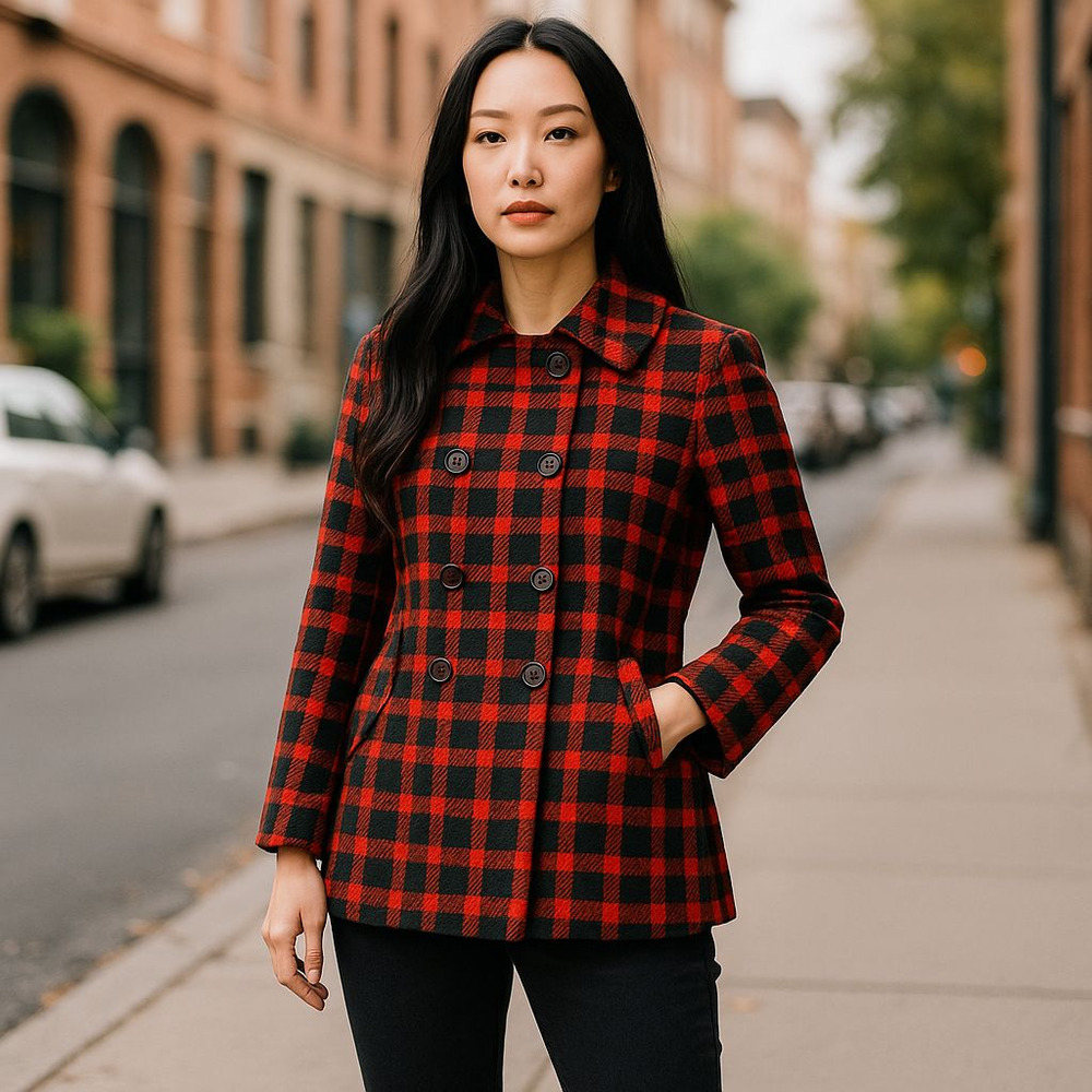 Vintage 70s Pendleton Red Tartan Plaid Wool Double Breasted Peacoat Size Sm